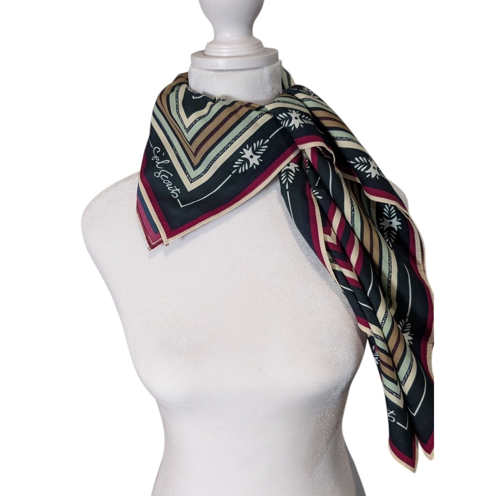Vintage Girl Scout Scarf Square Paisley Striped Burgundy Black Tan 31x31